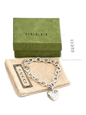 GUCCI 925 Sterling Silver Heart Charm Rolo Link Bracelet